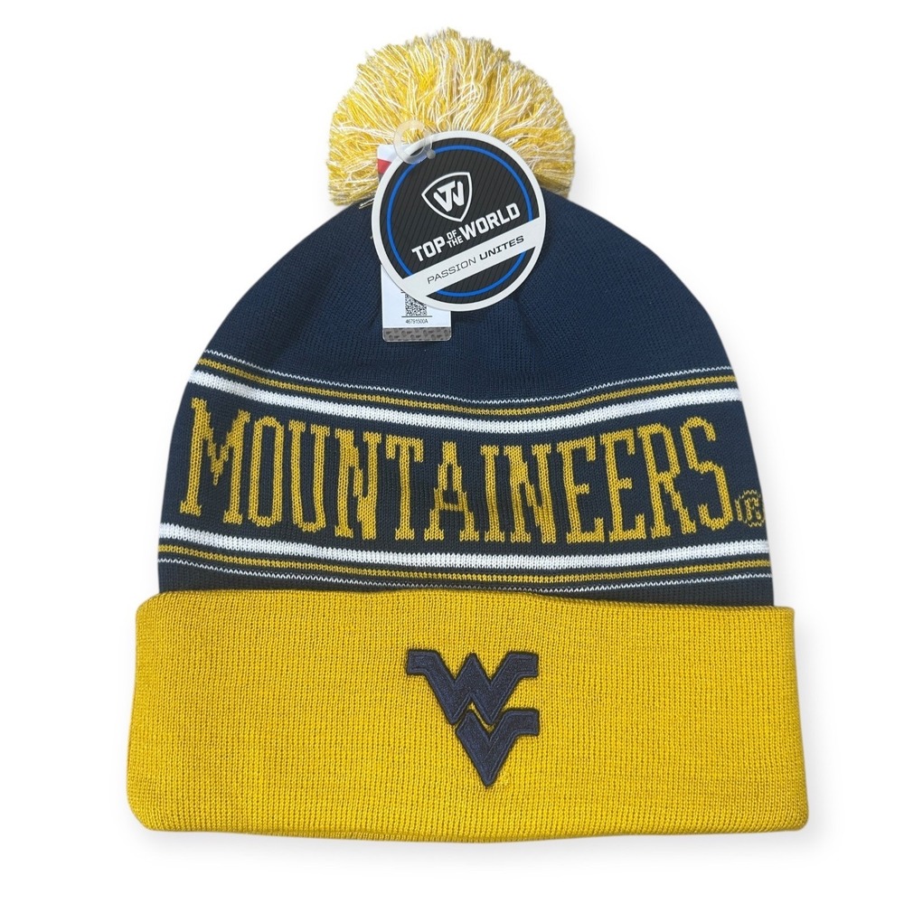 Top of the World West Virginia Mountaineers WVU Knit Beanie Hat Pom Yellow Navy
